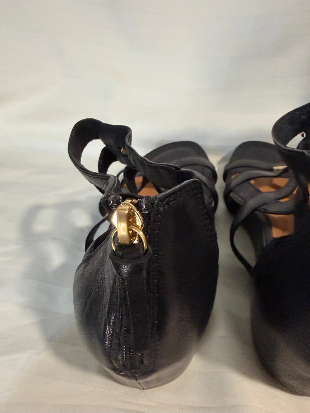 Söfft Black Leather Gladiator Wedge Sandals Gold Hardware - Size 10